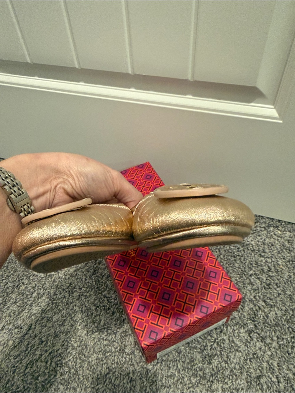 Tory Burch Metallic Rose Gold Minnie travel Ballet Flats size 7.5 - Picture 6 of 8